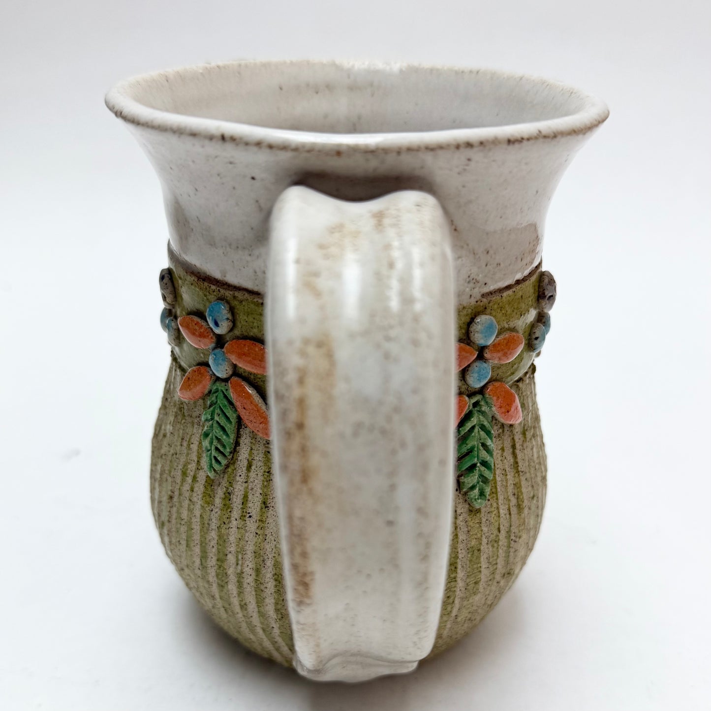 Green Striped Studio Pottery Mug by Hilda Kidd Wiesenmeyer w/ Orange & Light Blue Floral Design
