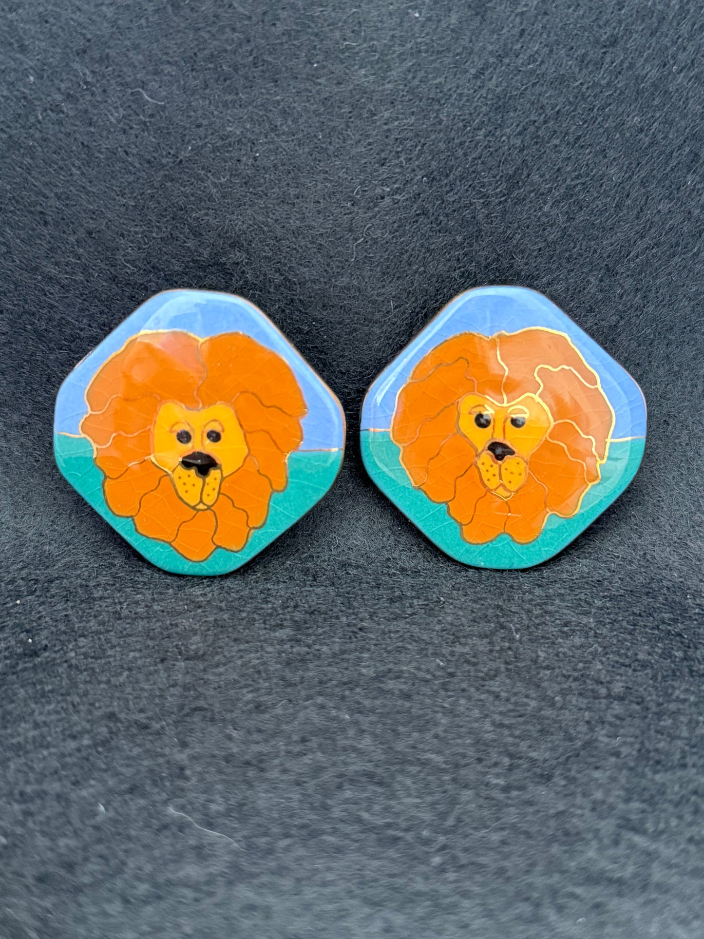 Pair Vintage Painted Ceramic Lion Post Pierced Earrings