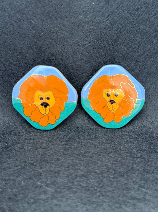 Pair Vintage Painted Ceramic Lion Post Pierced Earrings