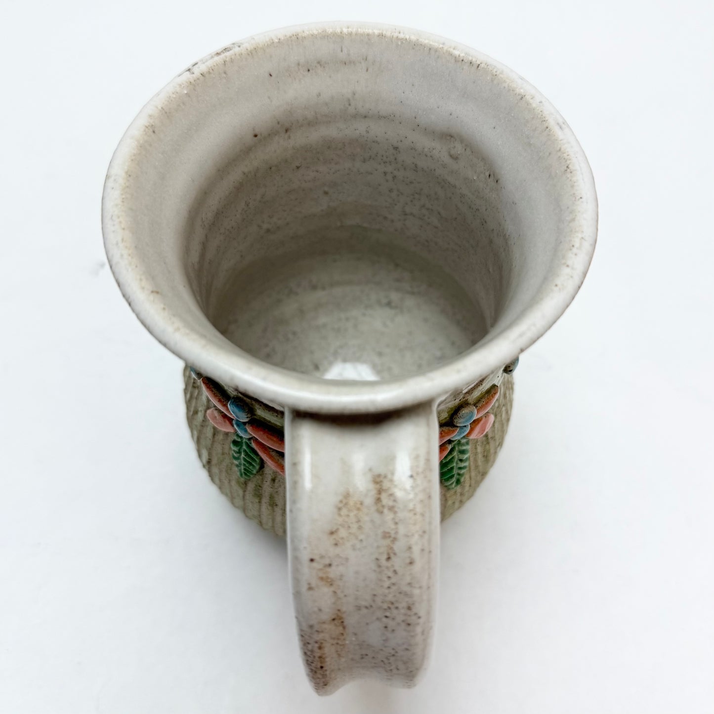 Green Striped Studio Pottery Mug by Hilda Kidd Wiesenmeyer w/ Orange & Light Blue Floral Design