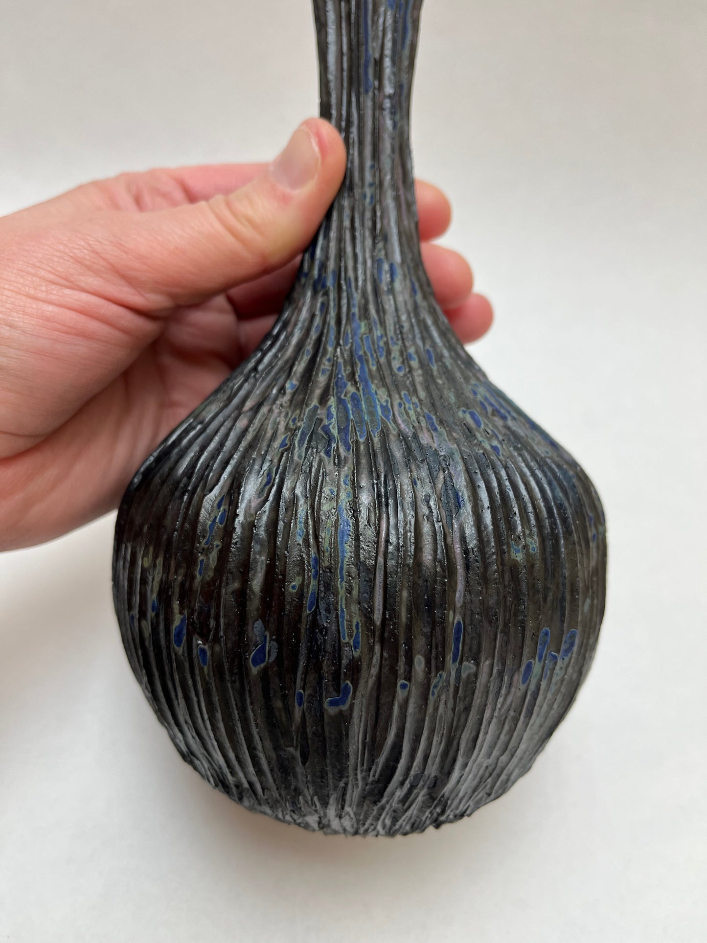 Black w/ Blue Undertones Textural Studio Pottery Vase Signed AP