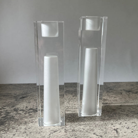 Pair Oleg Cassini Signed Crystal Clear Frosted Exclamation Point Vase Candle Holder Two Heights