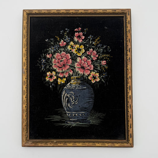 Small Framed Floral Painting on Flocked Surface