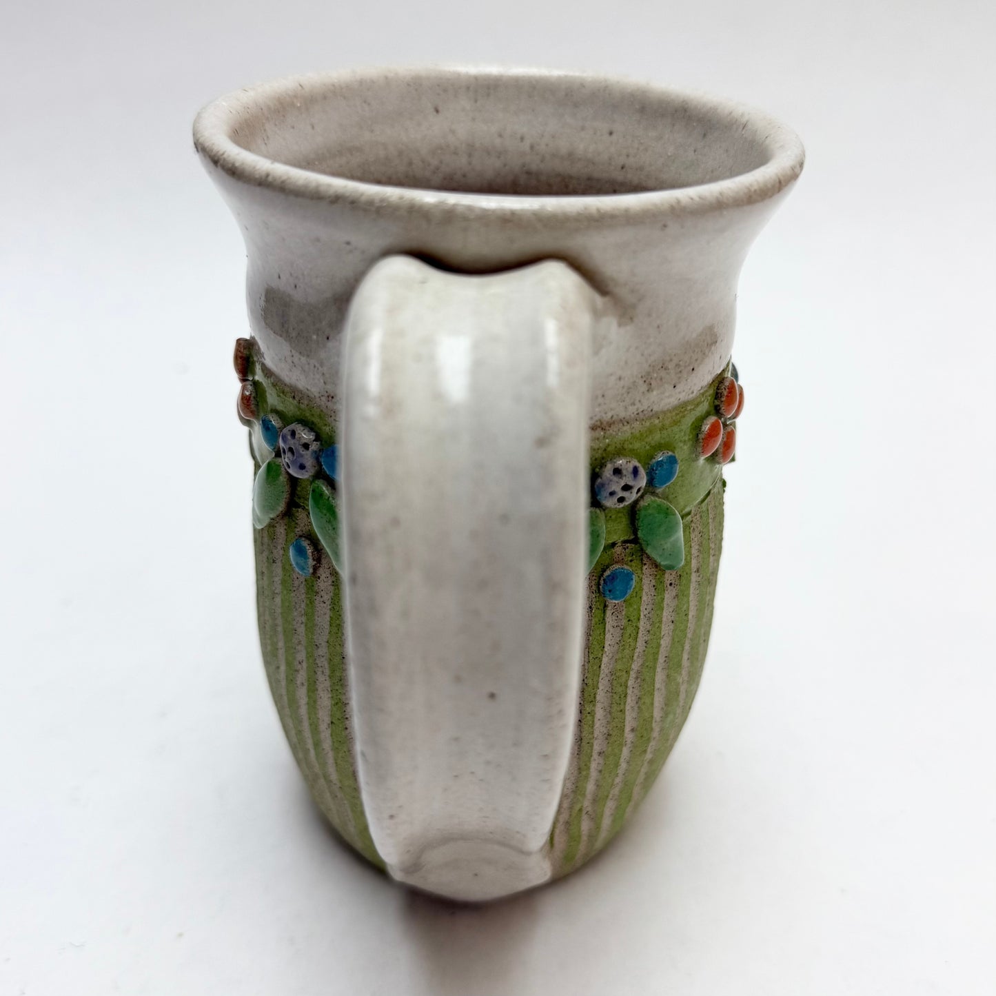 Green Striped Studio Pottery Mug by Hilda Kidd Wiesenmeyer w/ Orange & Blue Floral Design