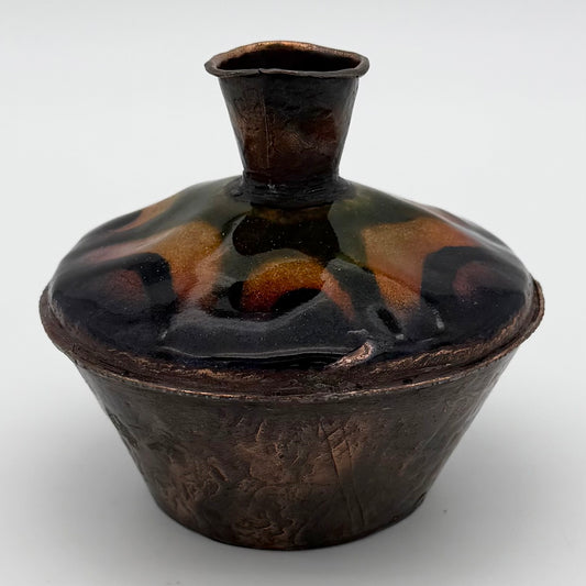 Unmarked Unique Enameled Copper Bud Vase