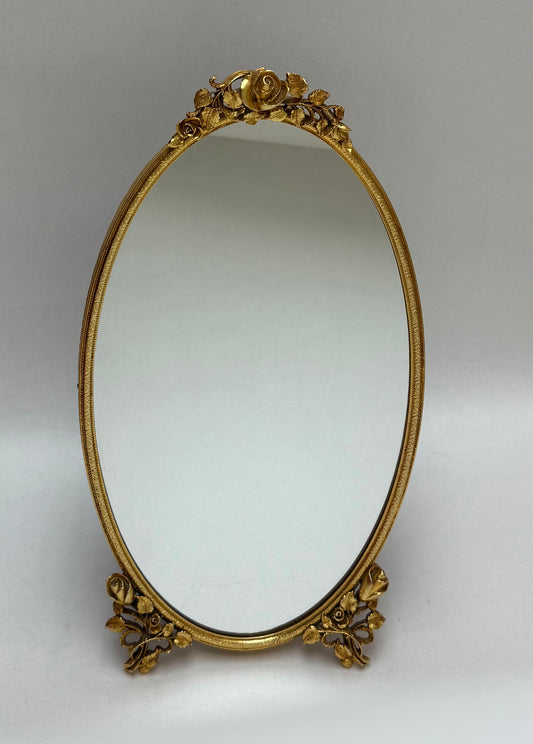 Vintage Hollywood Regency Gold Oval Matson Mirror w/ Rose Design