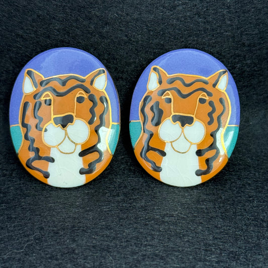 Pair Vintage Painted Ceramic Tiger Post Earrings